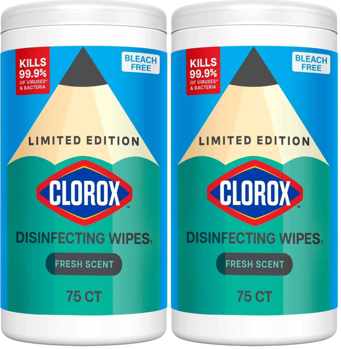Two white canisters of Clorox disinfecting wipes, fresh scent, 75 count each
