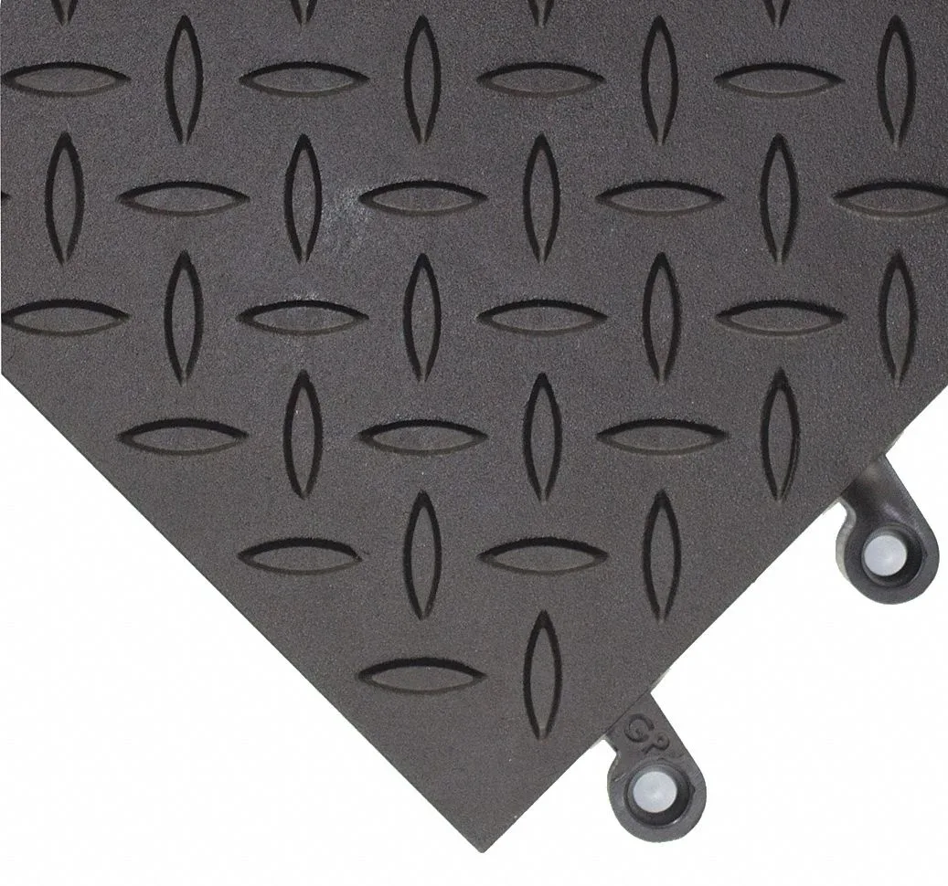 Black interlocking anti-fatigue mat with diamond pattern and beveled edges