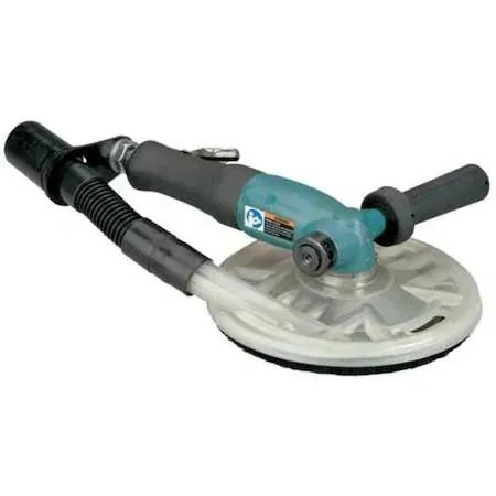 Silver right-angle pneumatic disc sander with 7-inch pad and integrated dust shroud