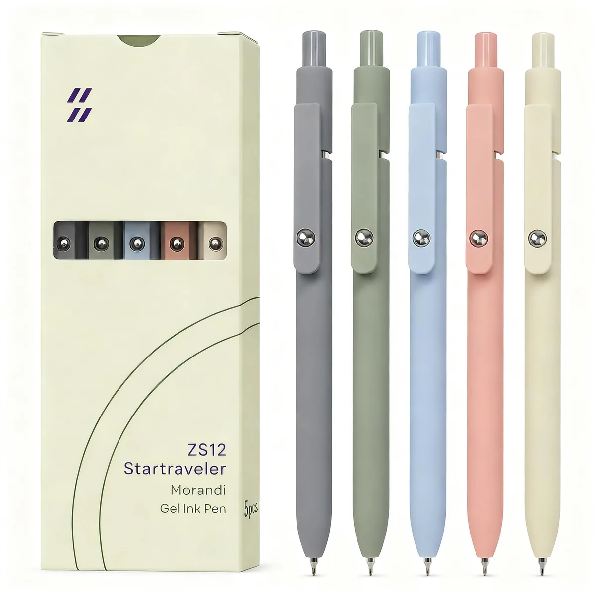 Five retractable gel pens in muted Morandi barrels with black 0.5mm tips and pocket clips