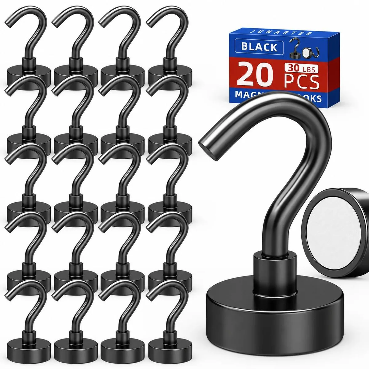 A set of twenty silver metal magnetic hooks with curved ends on a white background