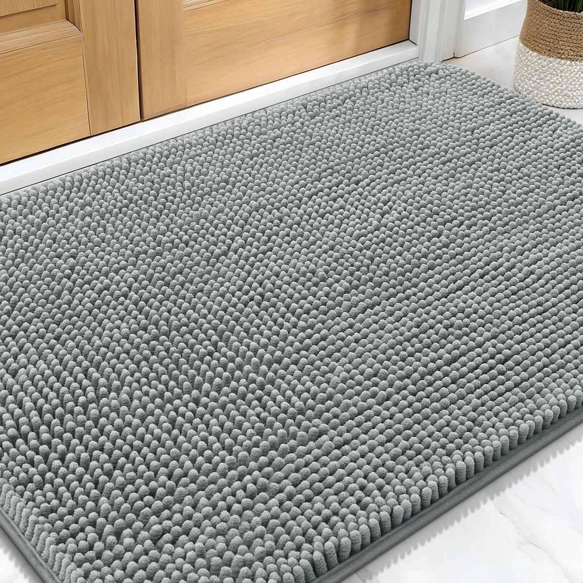 Grey chenille door mat 30x20 inches with textured TPR backing