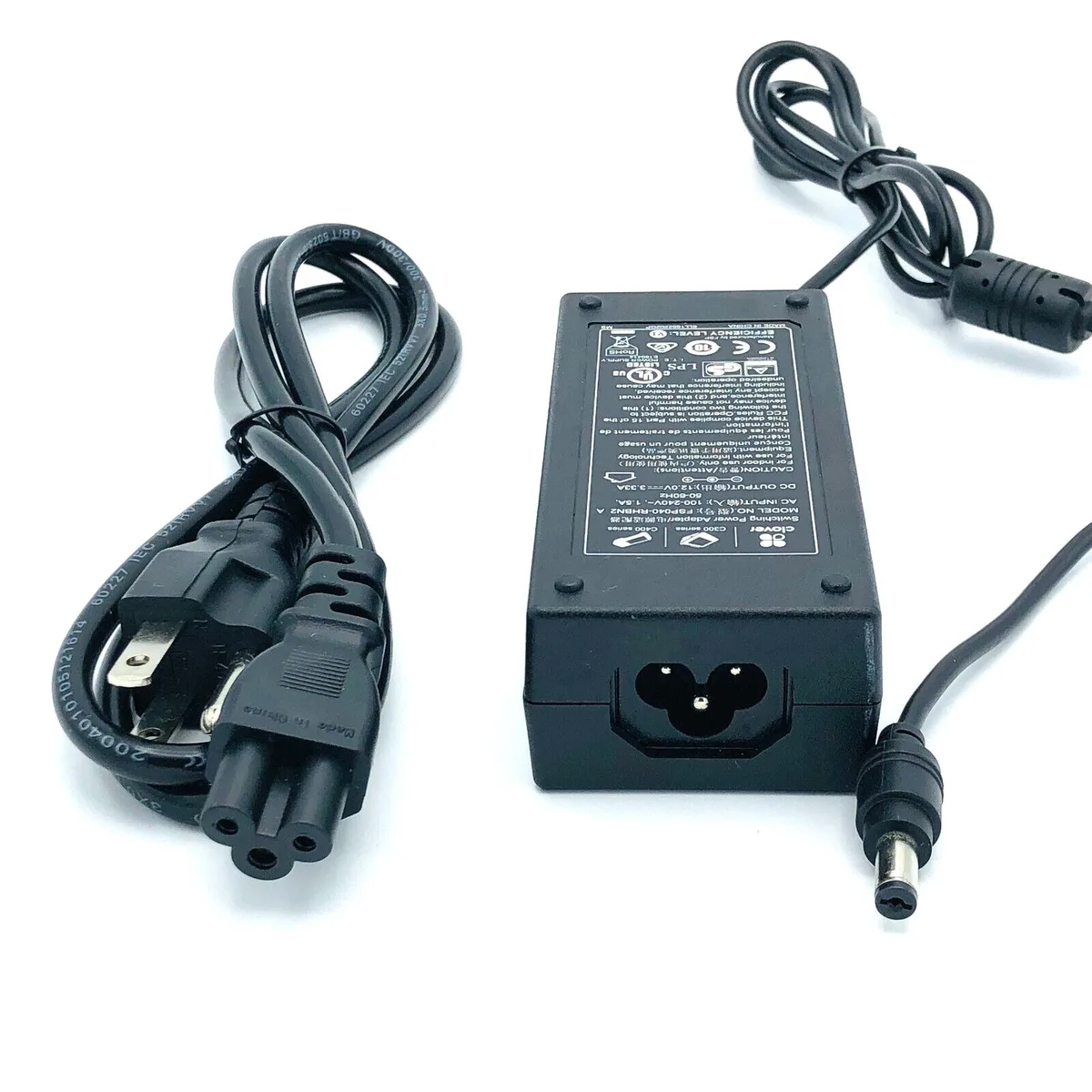 Black rectangular 12V 40W power adapter with detachable mains cord