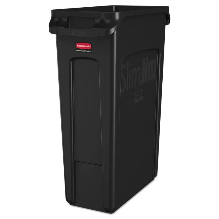 Black rectangular plastic trash can with venting channels and handles, 23 gal