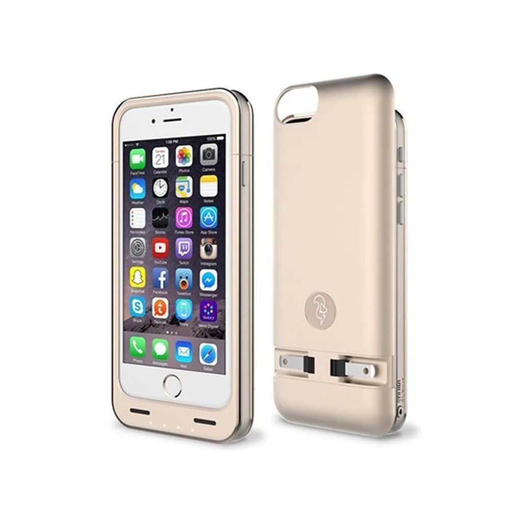 Gold battery case for iPhone 6/6s with slide-out wall plugs and 2300mAh capacity