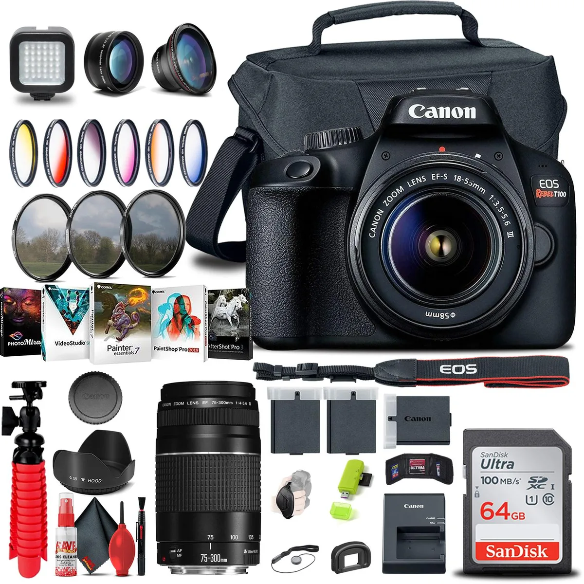 Canon Canon EOS Rebel T100 4000D DSLR Camera 18-55mm 75-300mm Outdoor Bundle — product photo
