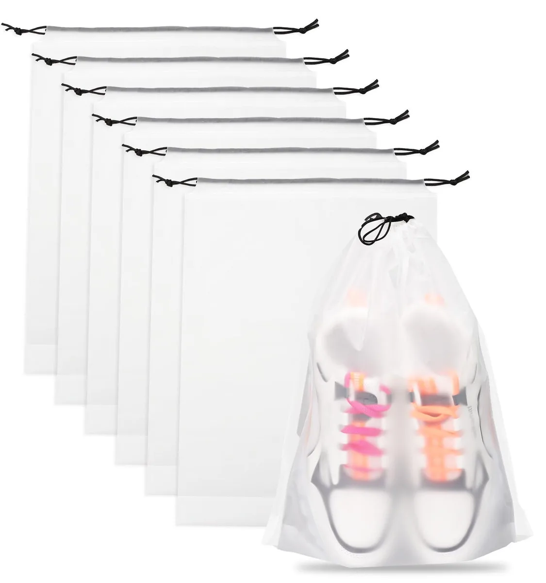 Six clear PE drawstring bags, 30 inches, 76g total, frosted semi-transparent finish