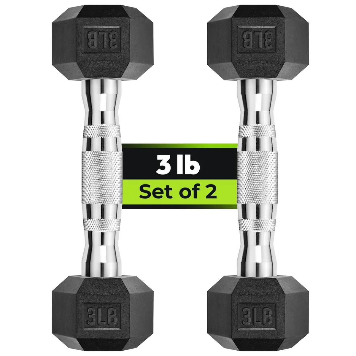 Pair of black hexagonal rubber-coated dumbbells with chrome handles