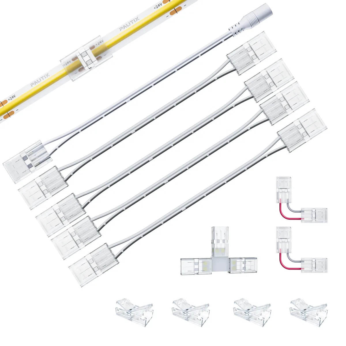A clear plastic kit of 17 small connectors and short wires for 8mm COB LED strips