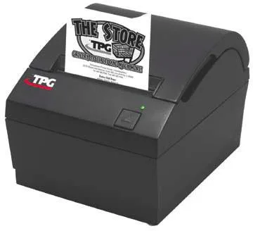 Dark gray receipt printer with knife cutter and dual USB plus 9-pin ports