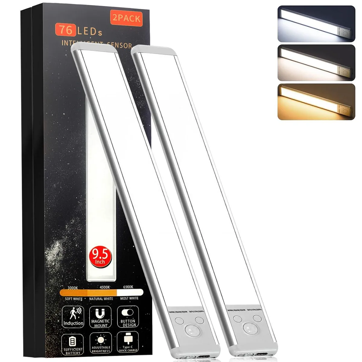 Two white magnetic LED bars 9.5in long USB-C rechargeable 1500mAh battery
