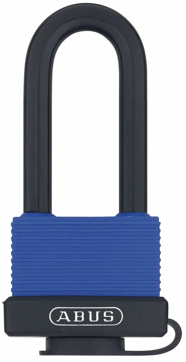 Rectangular brass padlock with blue vinyl coating and long stainless steel shackle