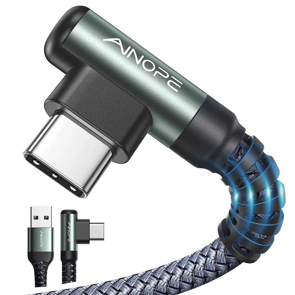 Two grey braided USB-A to USB-C cables with right-angle connectors, 6.6 ft each