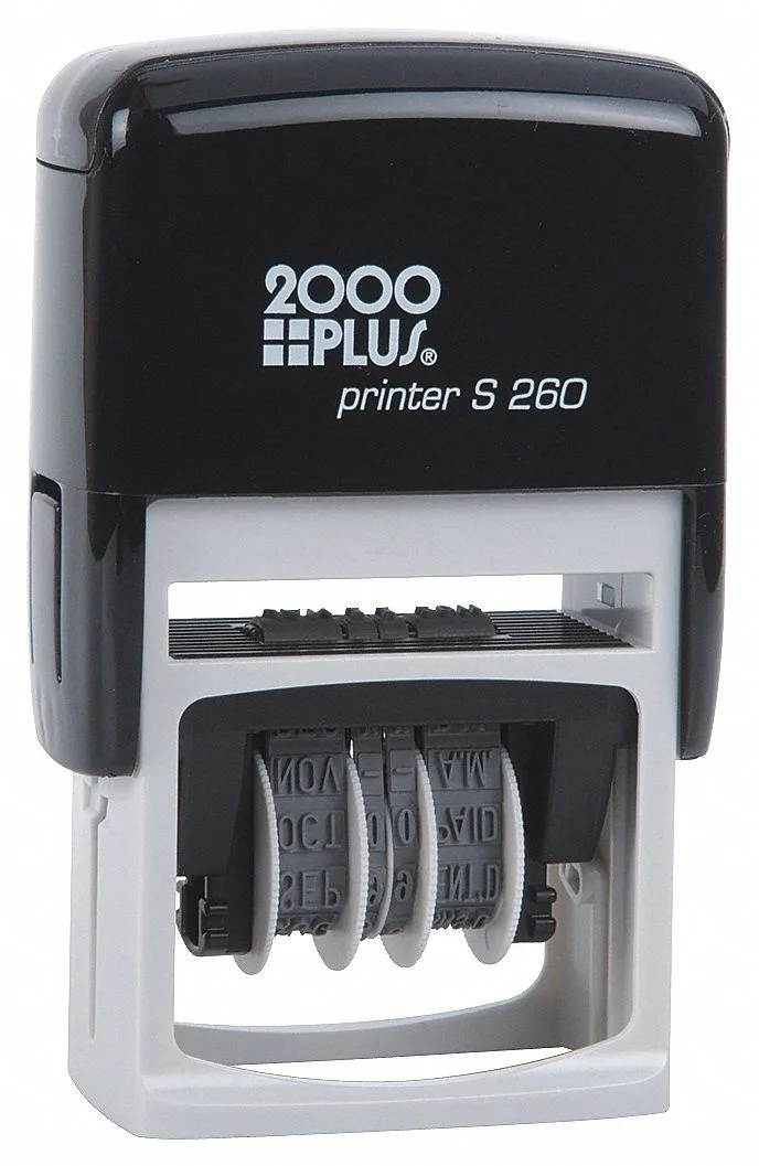 Blue and red plastic self-inking message date stamp with five adjustable bands