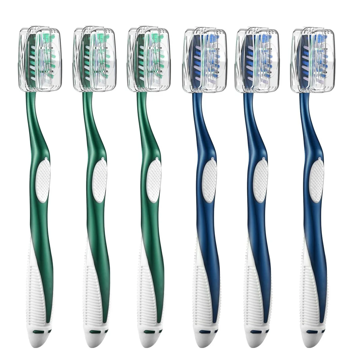 Six white manual toothbrushes with cross bristles tongue scrapers and silicone grips