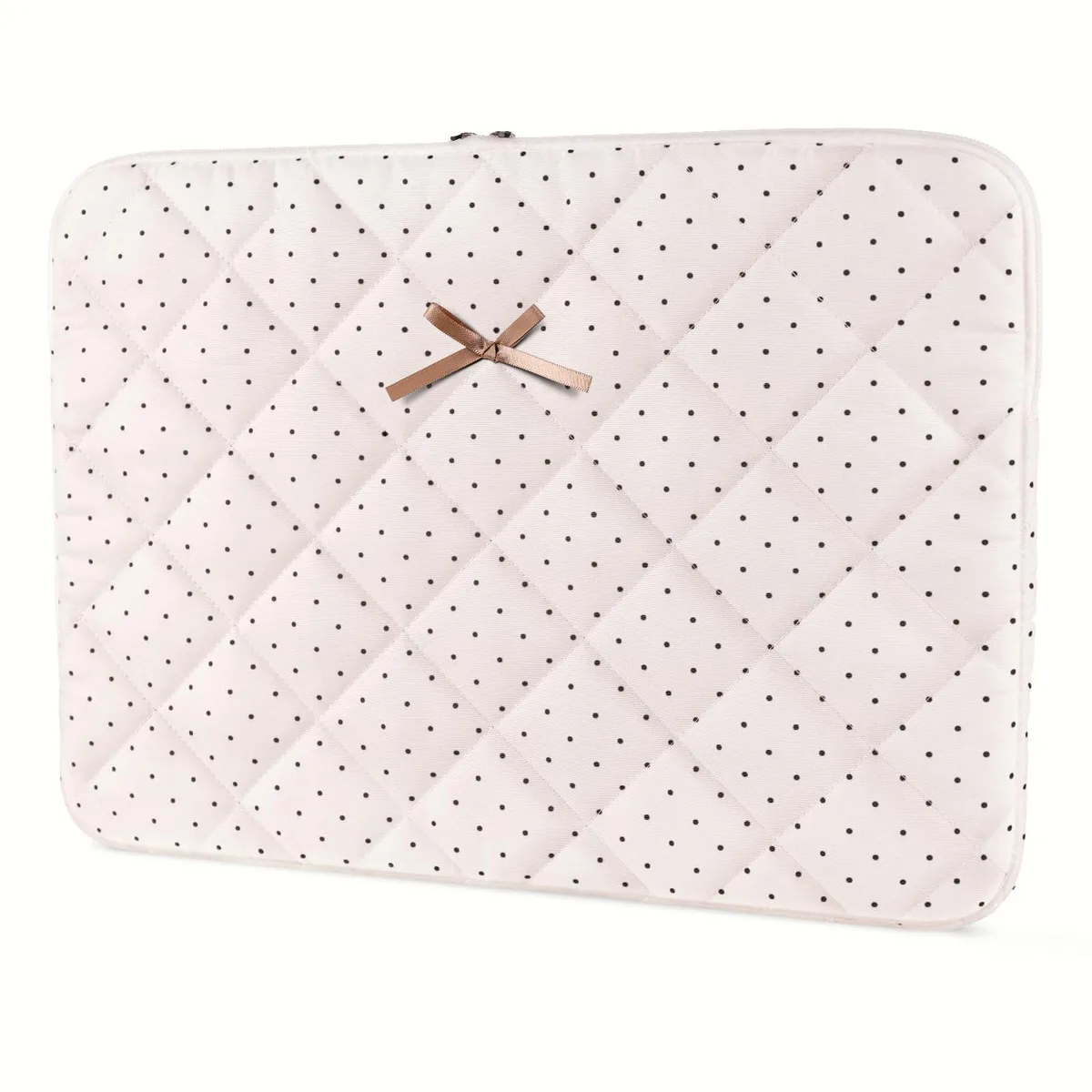 White puffy quilted laptop sleeve with decorative bow, soft shockproof fabric, slim profile