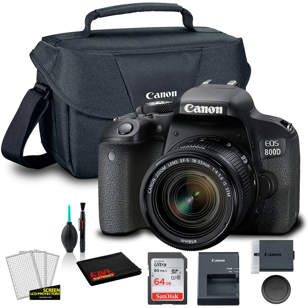 Canon Canon EOS 800D dslr camera with 18-55mm lens 24.2MP 3.0" touchscreen 1080p 60fps 64GB card bag kit — product photo