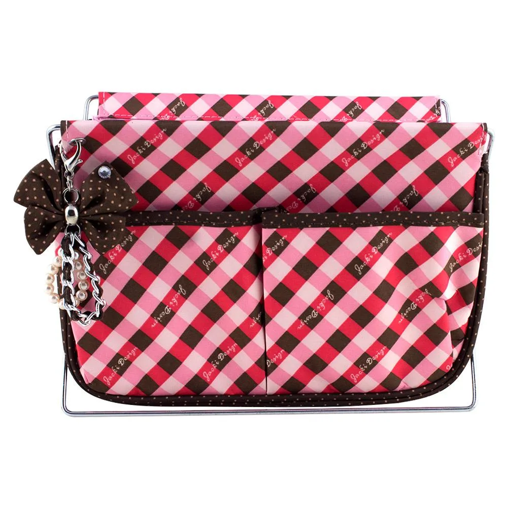 Coral retro plaid fabric magazine holder with front slip pockets, folded flat