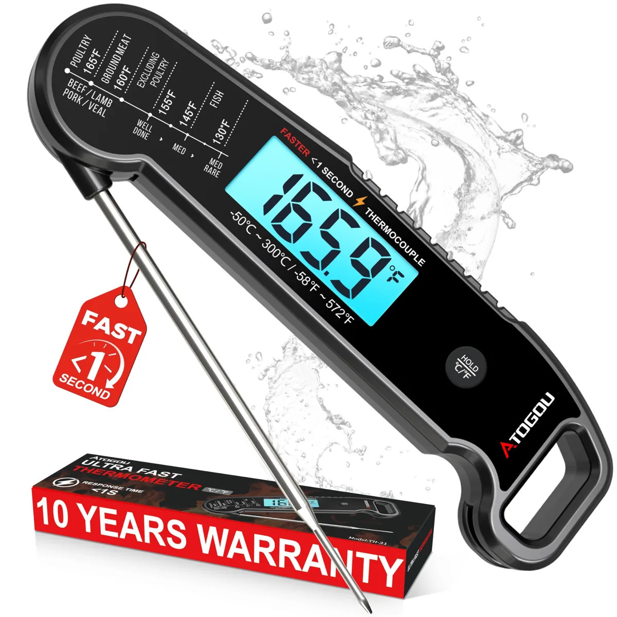 Black digital meat thermometer with fold-out metal probe and auto-rotating backlit display