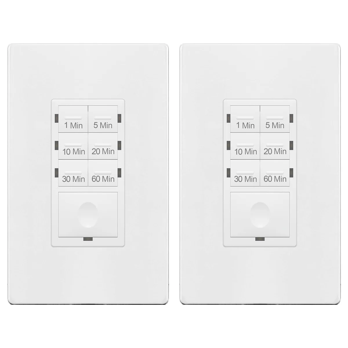 Two white wall-mount timer switches with six preset buttons and blue LED indicators