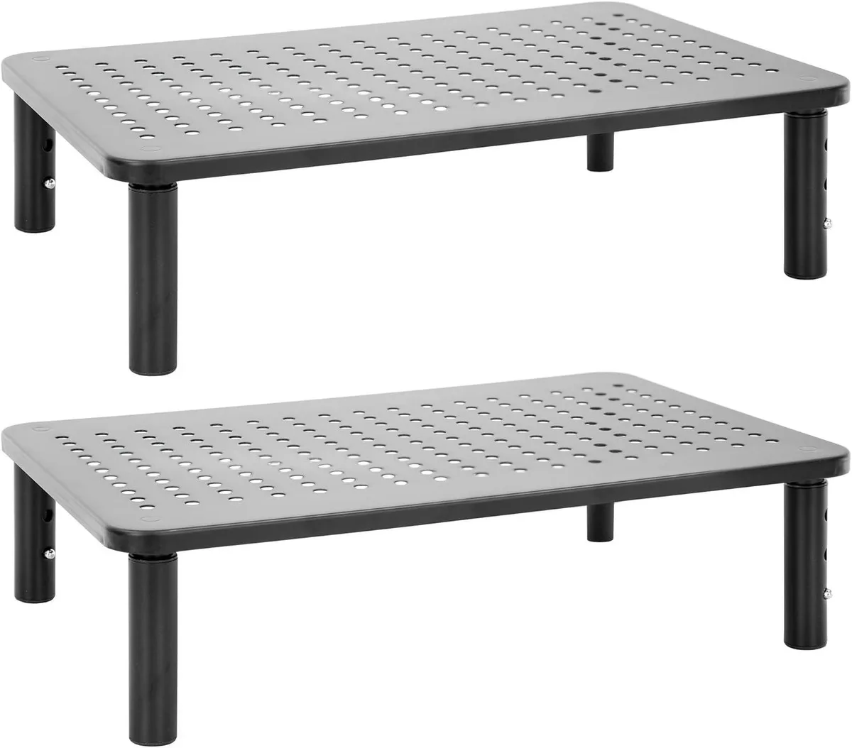 Two silver metal mesh monitor risers with three height settings side by side