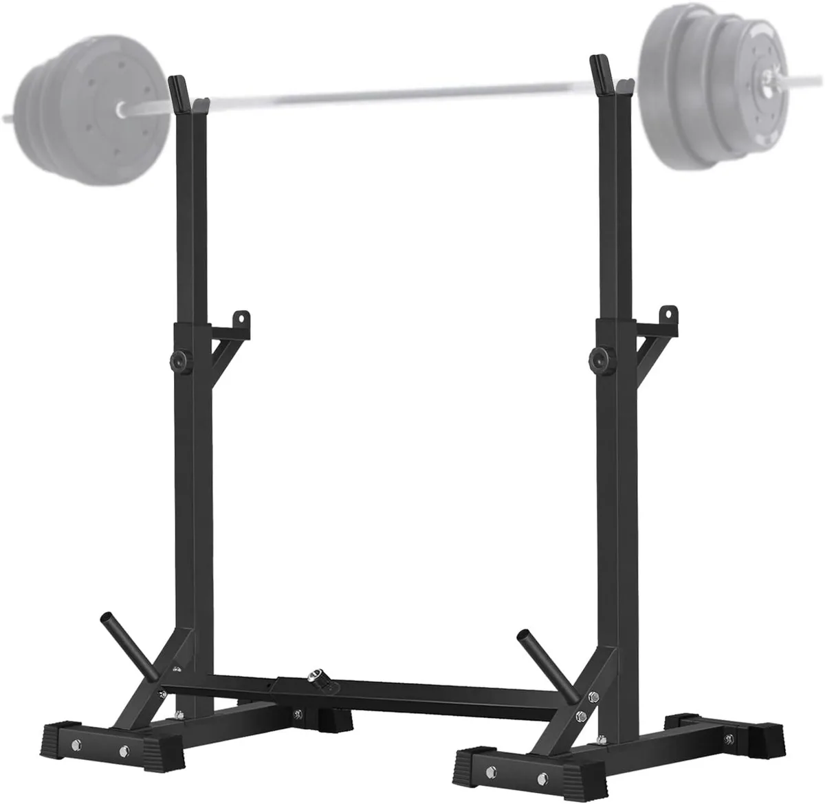 Adjustable steel squat rack with H-base, powder-coated finish, two barbell holders, 600 lbs capacity