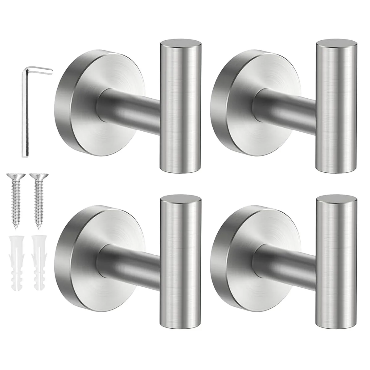 Four brushed nickel stainless steel screw-in towel hooks