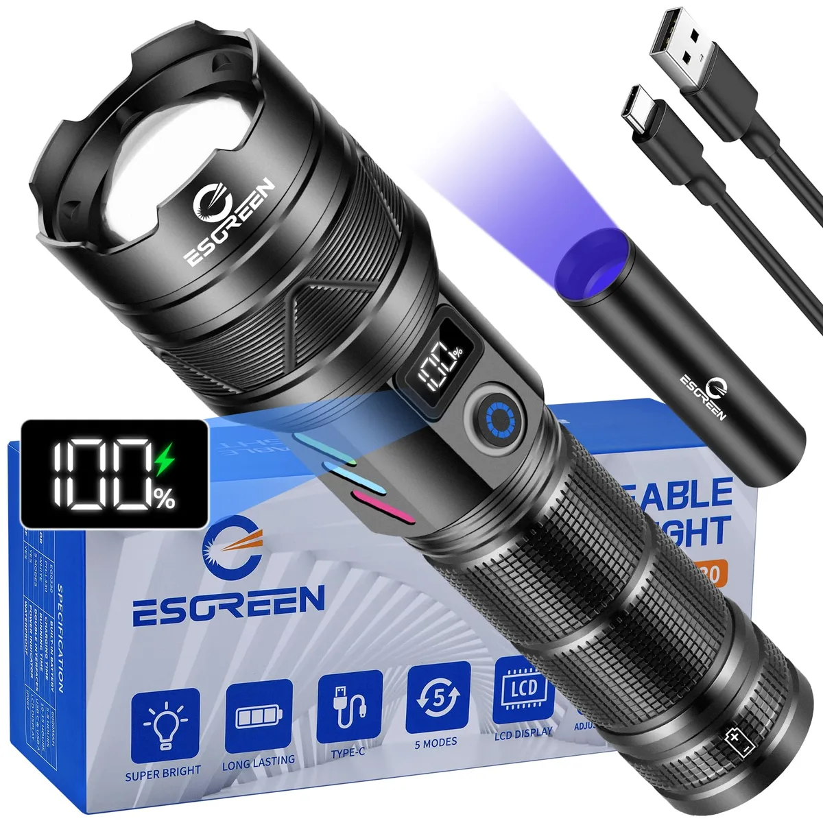 Black cylindrical flashlight with UV mini light attached