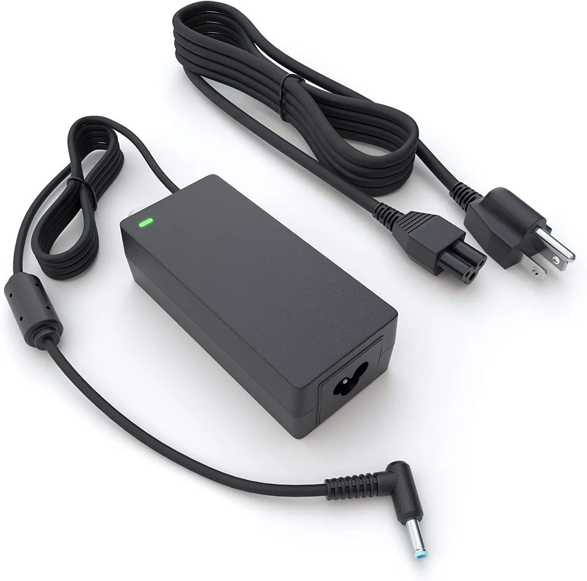 Rectangular black power brick with 4.5mm blue tip connector and long cable