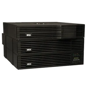 Black rectangular rackmount UPS with LCD panel and multiple NEMA outlets