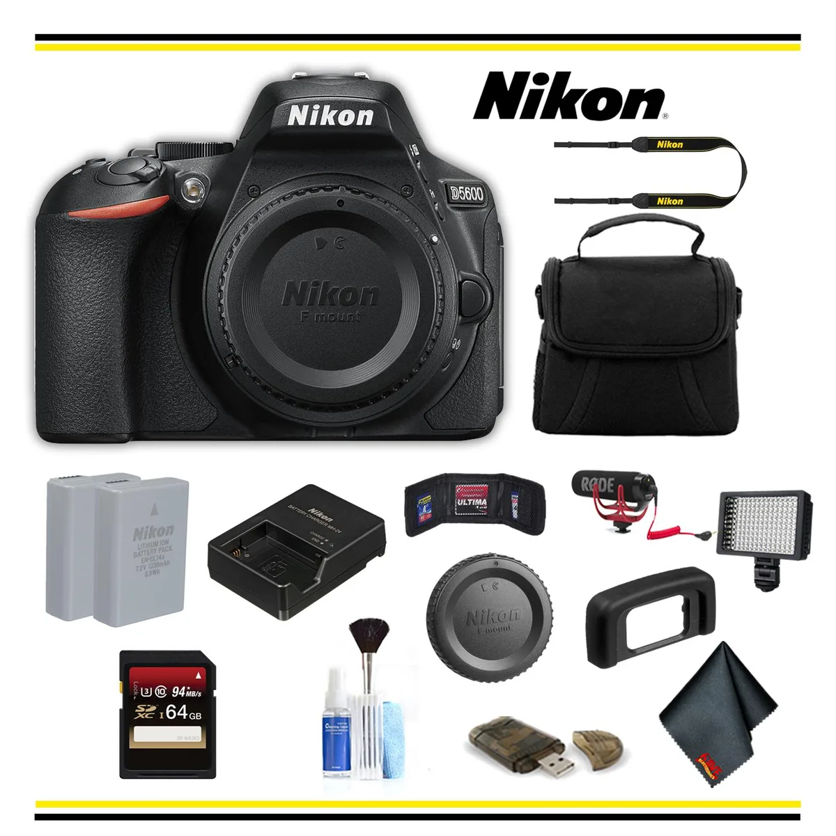 Nikon International Nikon D5600 DSLR Camera Advanced Bundle with Mic Light Card Bag Battery — product photo