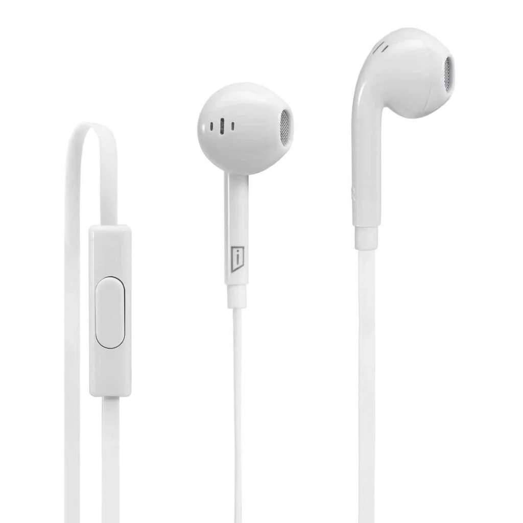 White earbuds with glossy finish, flat cable and inline mic
