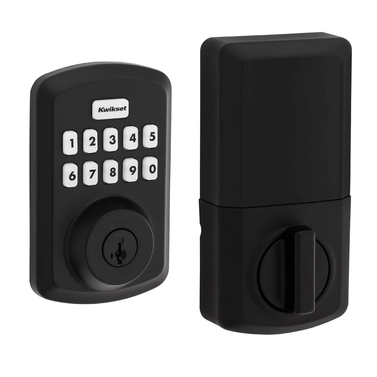 Matte black electronic deadbolt with 10-button illuminated keypad