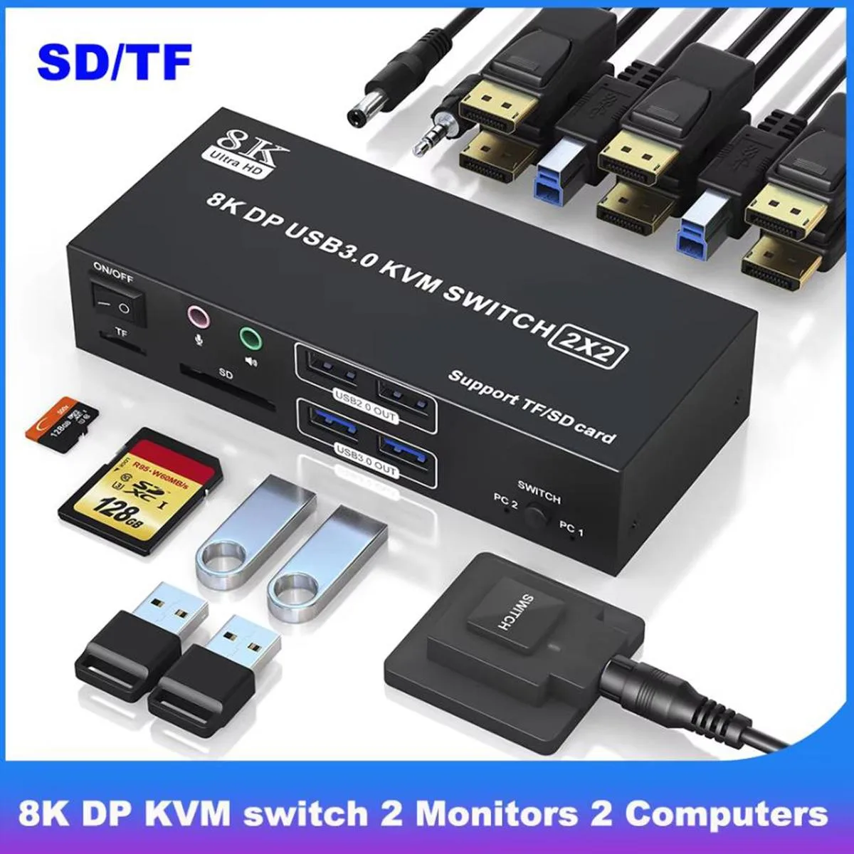 IHDAPP IHDAPP DP202 KVM Switch 2 Monitor 2 Computer 8K 60Hz 4K 120Hz USB 3.0 Audio SD TF — product photo