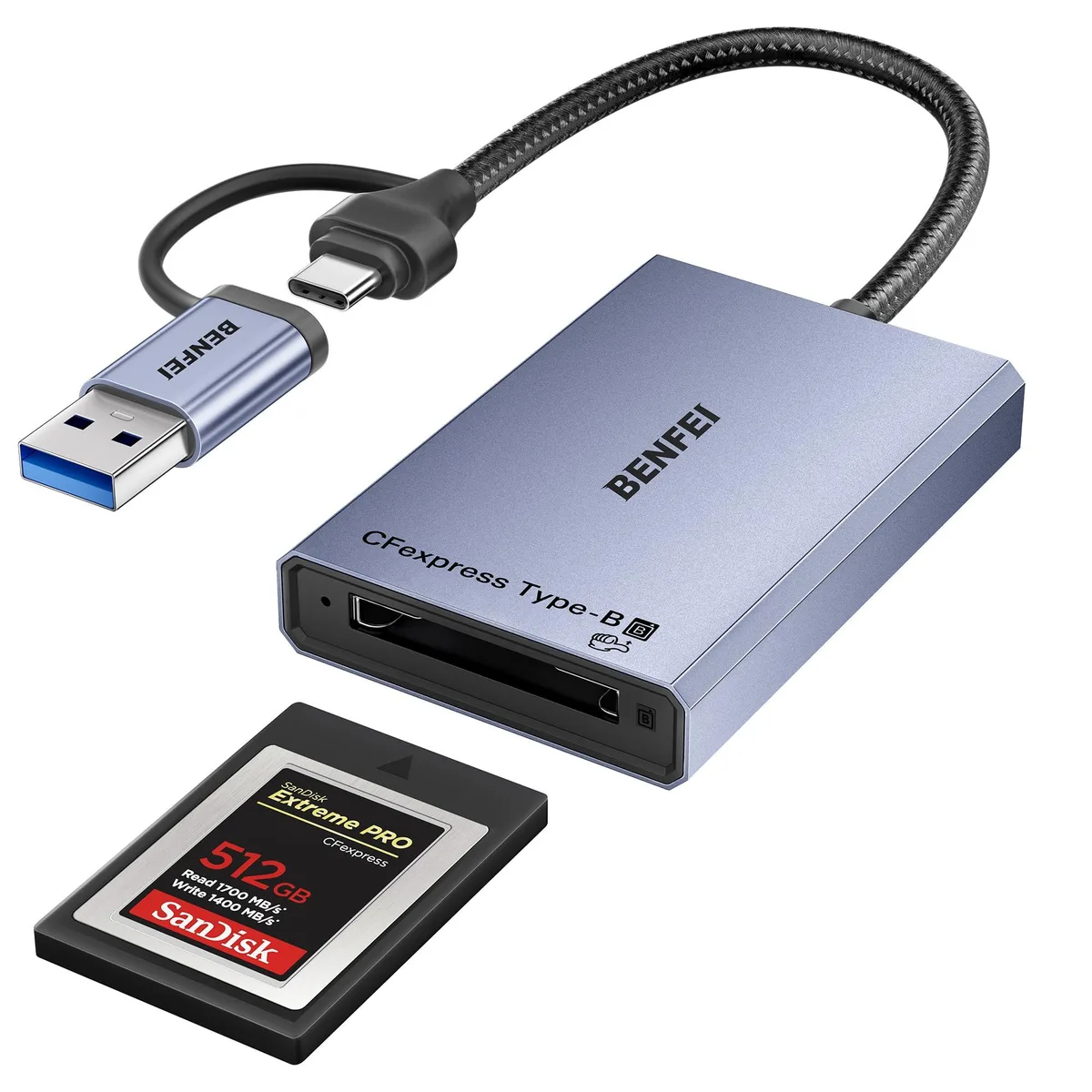 Grey rectangular CFexpress Type B reader with braided 15cm USB-C and USB-A cable
