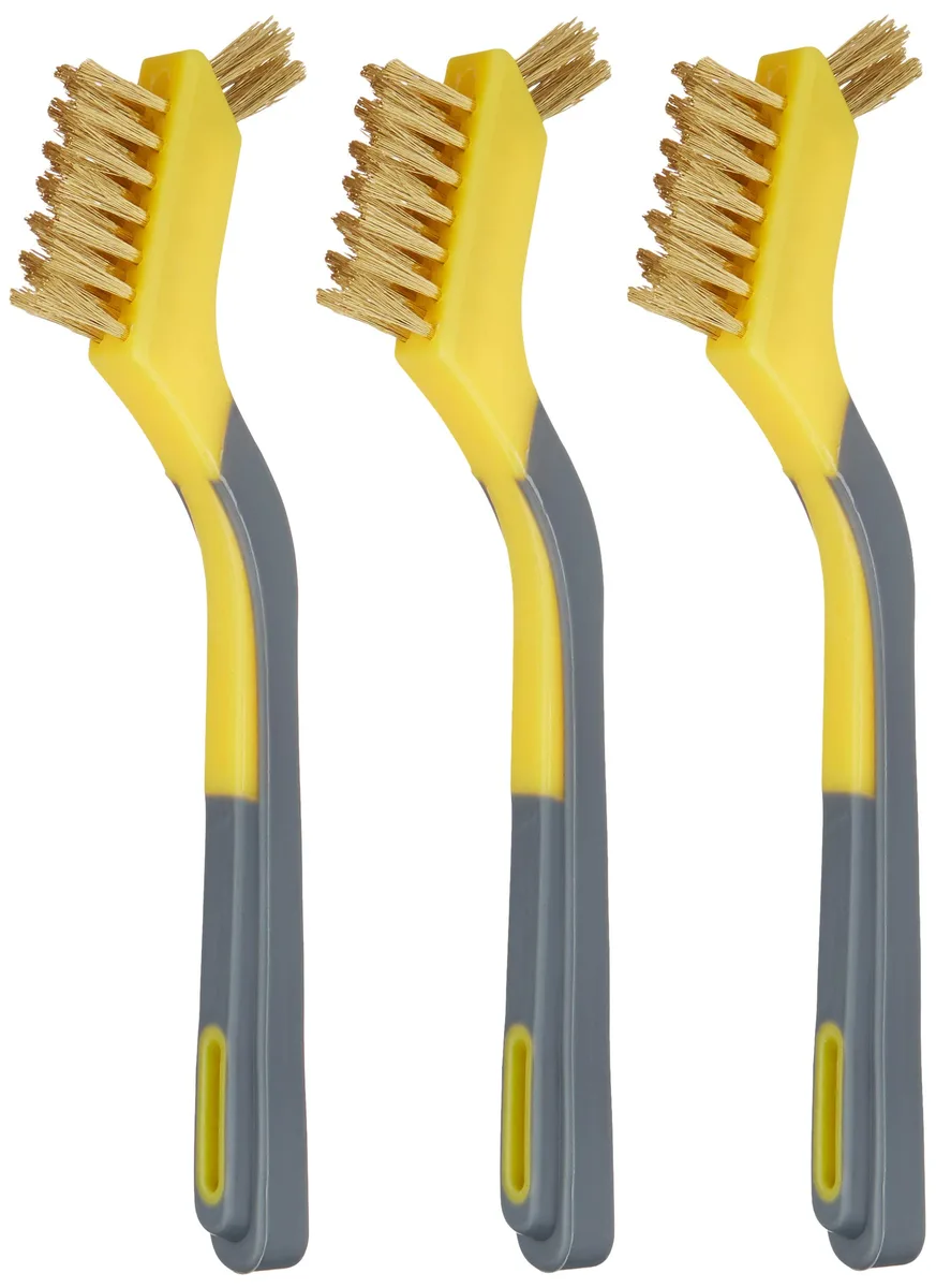 Three small brass wire brushes with yellow and grey soft-grip handles