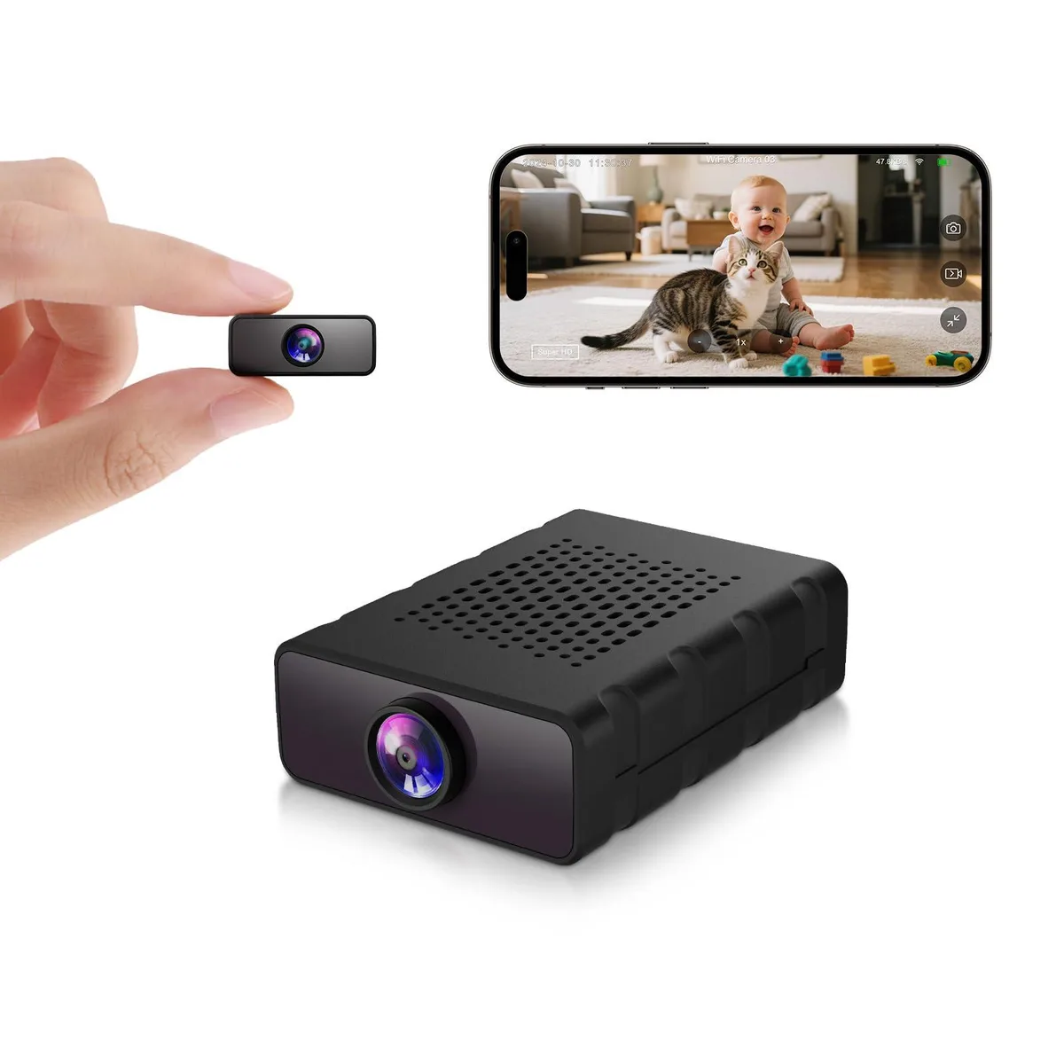 Small black indoor camera with bracket and power adapter