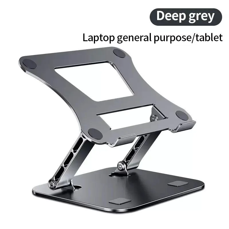 Grey aluminium laptop stand with adjustable arms and silicone pads