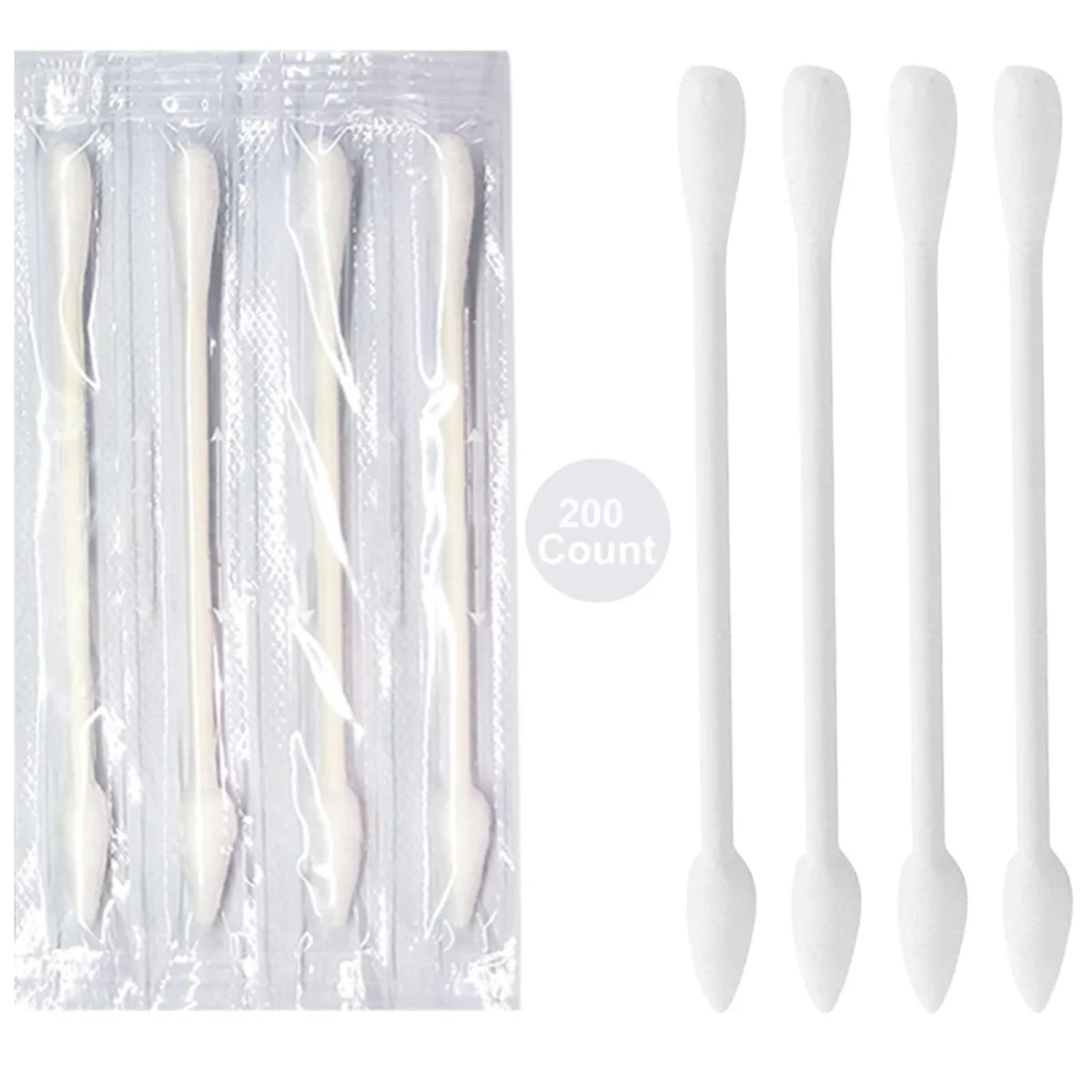 White rectangular box containing 200 individually wrapped cotton swabs with pointed and round tips