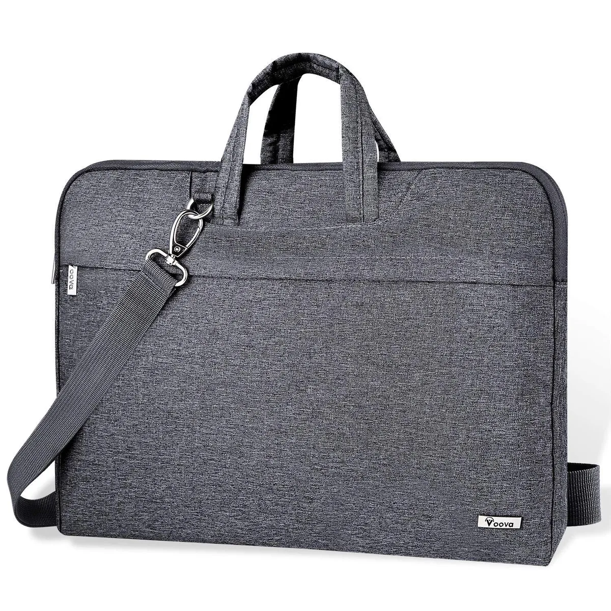 Grey slim laptop bag with detachable shoulder strap and top handle, front zip pocket and side pockets