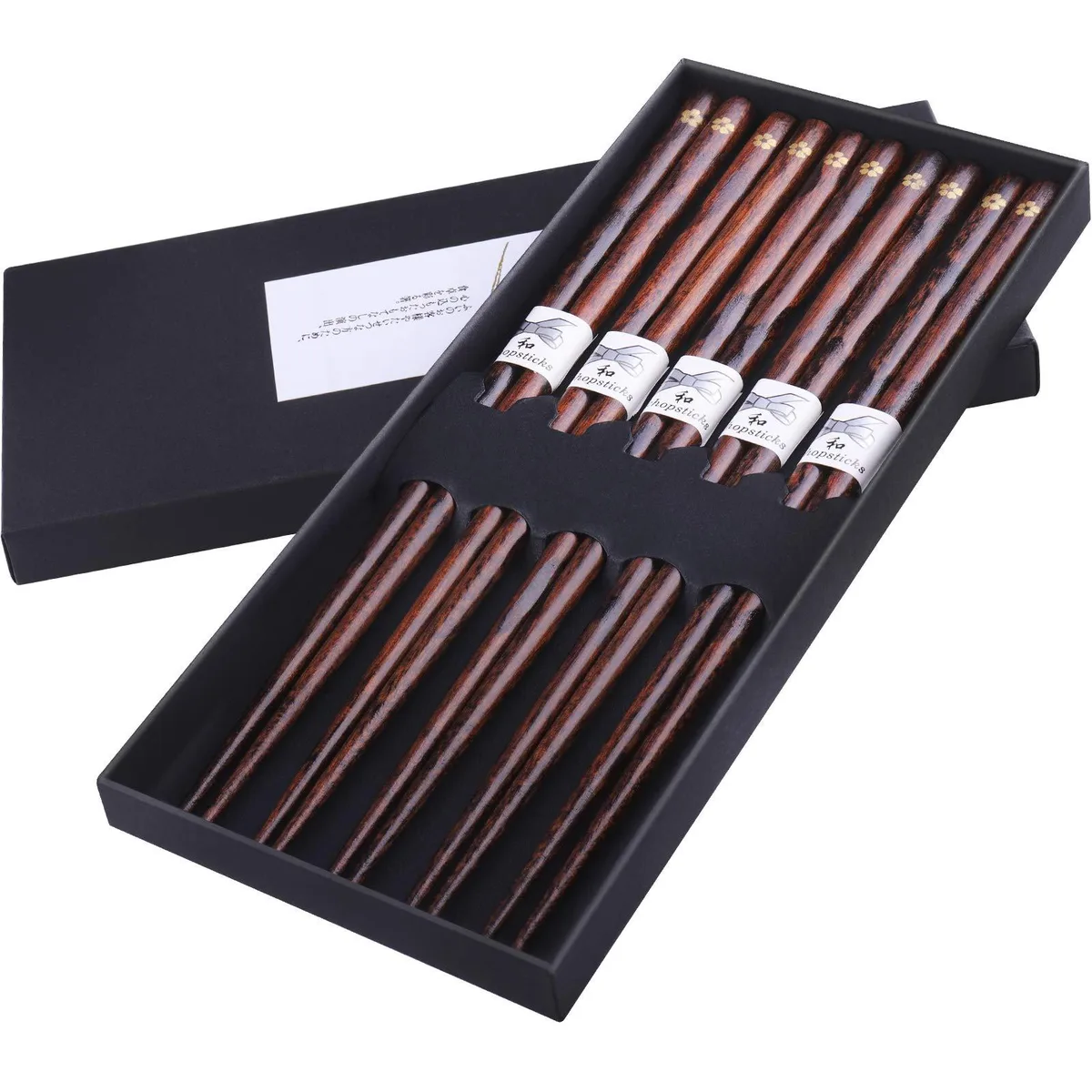 Five pairs of coffee-coloured wooden chopsticks in a gift box