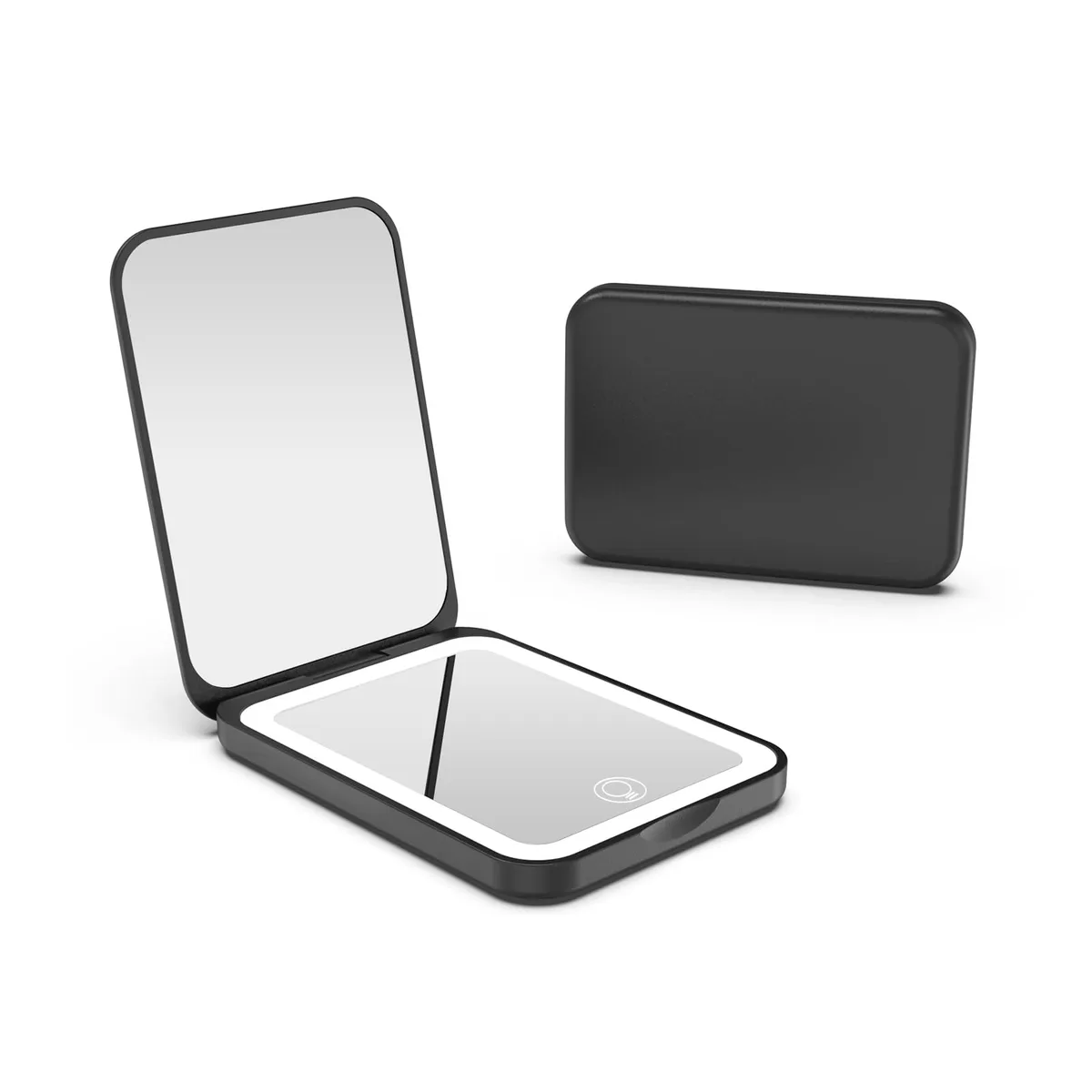 Black square folding mirror with LED lights, 3.5 by 2.5 inches