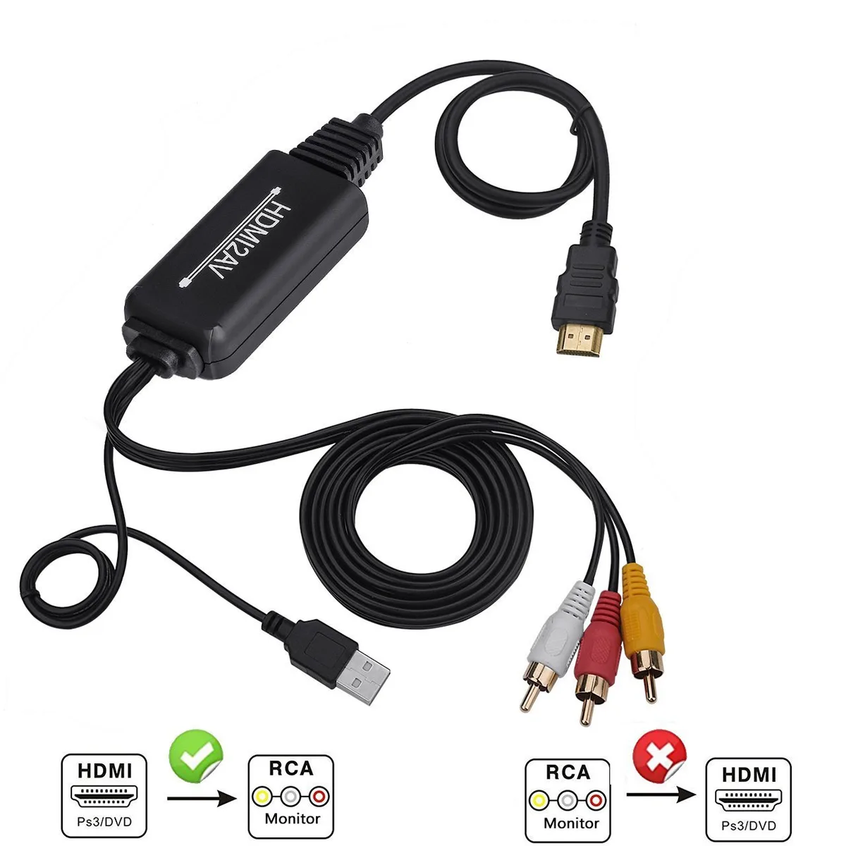 HDMI to RCA converter cable, 6.5 ft, gold-plated connectors, built-in converter box