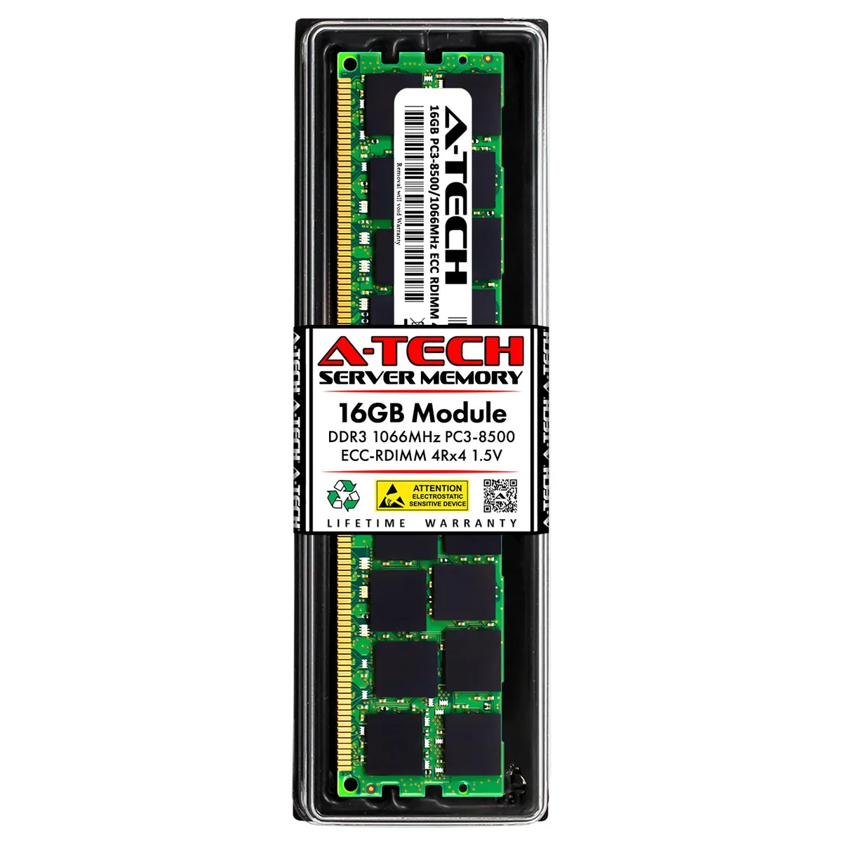 Green 240-pin DDR3 DIMM with black chips and silver label