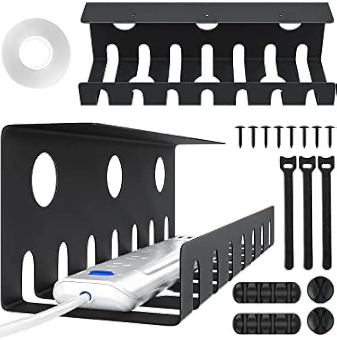 Two black metal cable trays with multiple mounting holes