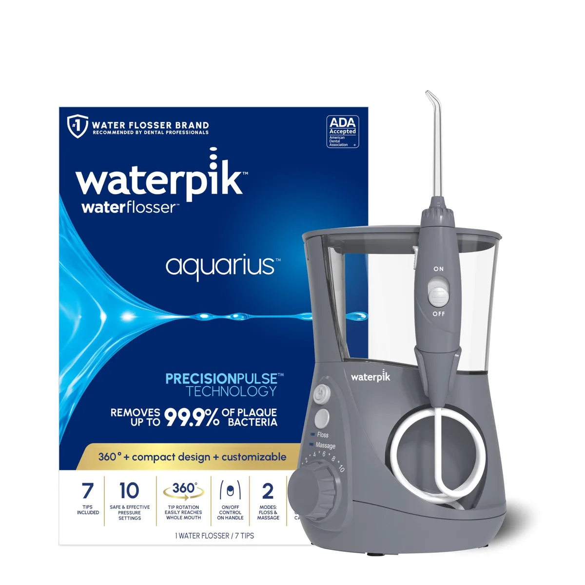Gray countertop water flosser with large removable reservoir, wand and tip storage