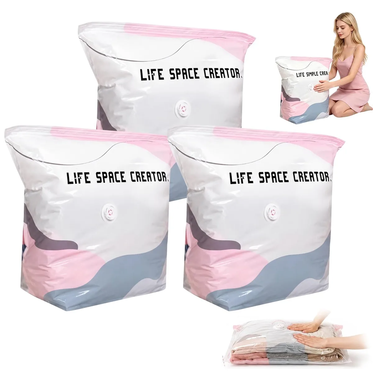 Three flat rectangular vacuum storage bags in clear plastic with double-zip closures