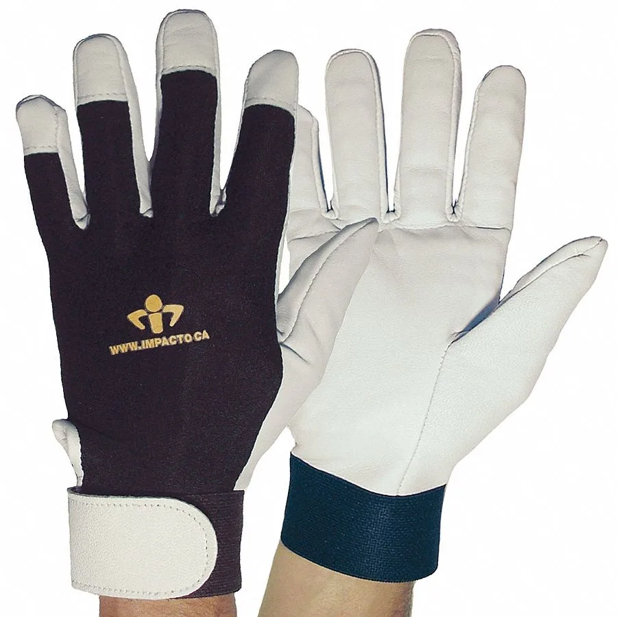 Black and white anti-vibration gloves with air bladder palm, hook-and-loop cuff, nylon back, cowhide palm