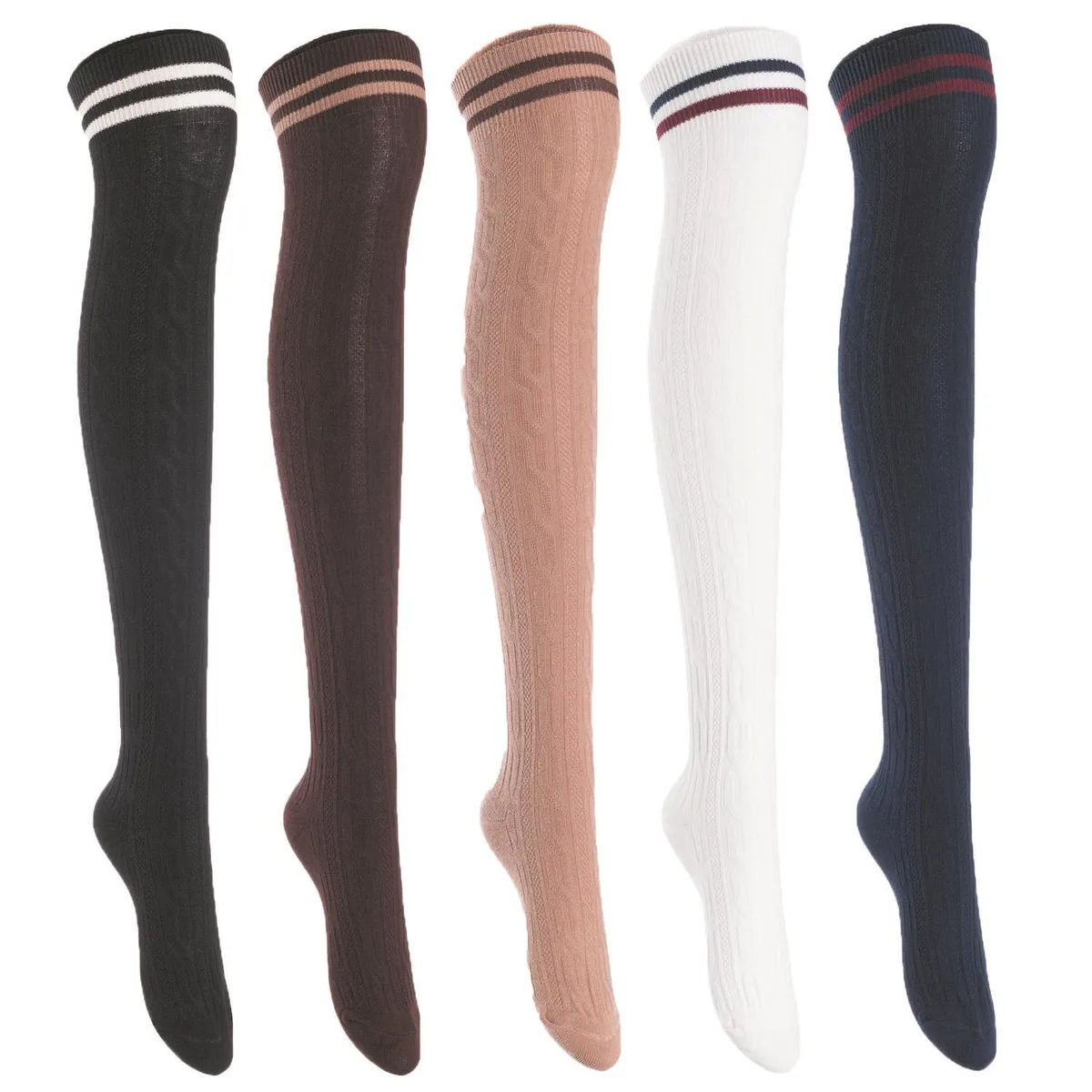 Five pairs of thigh-high cotton socks in black, coffee, khaki, white and navy