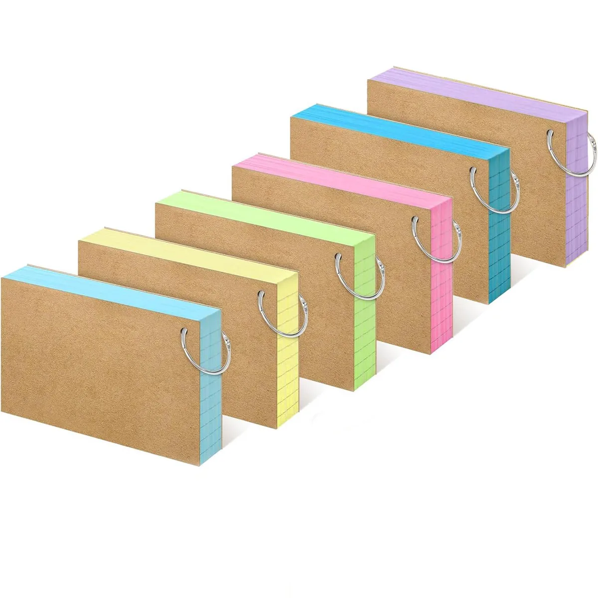 Stack of 276 multicoloured 3x5 inch index cards with six metal rings, 150g board, kraft cover